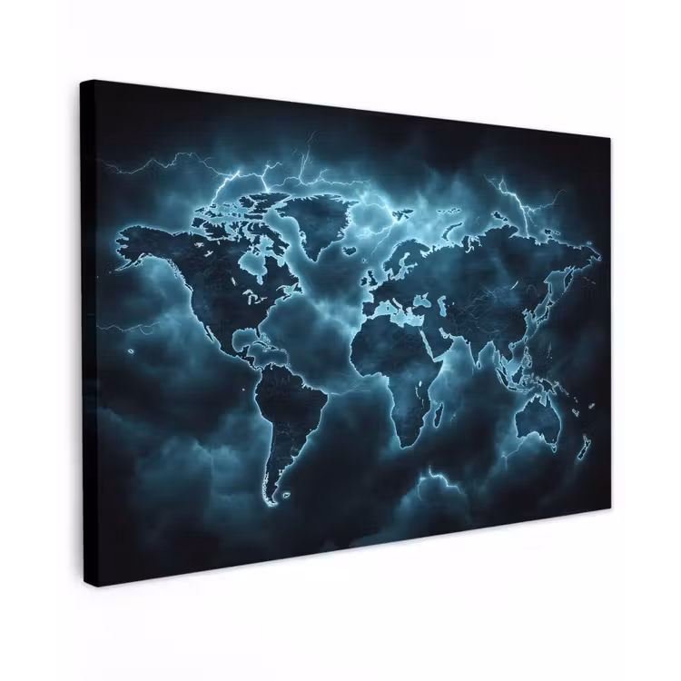 Wereldkaart - Bliksem - Blauw Tuinposter op houten frame 2 cm dik klein -3d