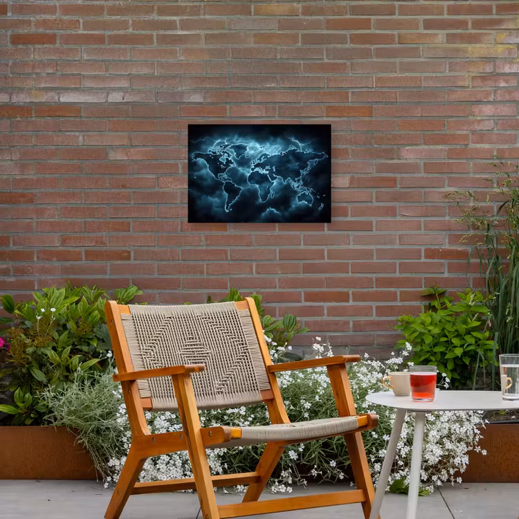 Wereldkaart - Bliksem - Blauw Tuinposter op houten frame 2 cm dik klein -sfeer3