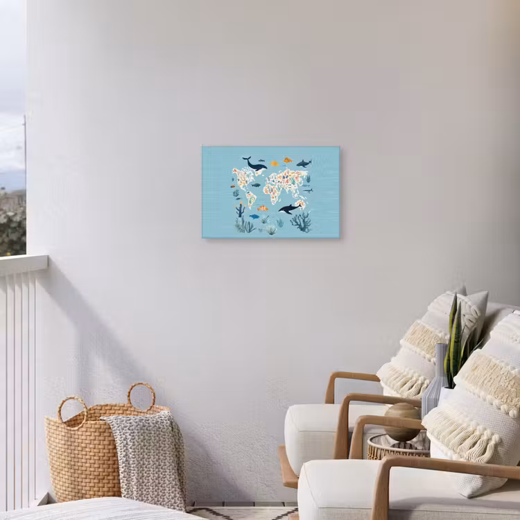 Wereldkaart - Zeeleven - Blauw Tuinposter op houten frame 2 cm dik klein -sfeer1