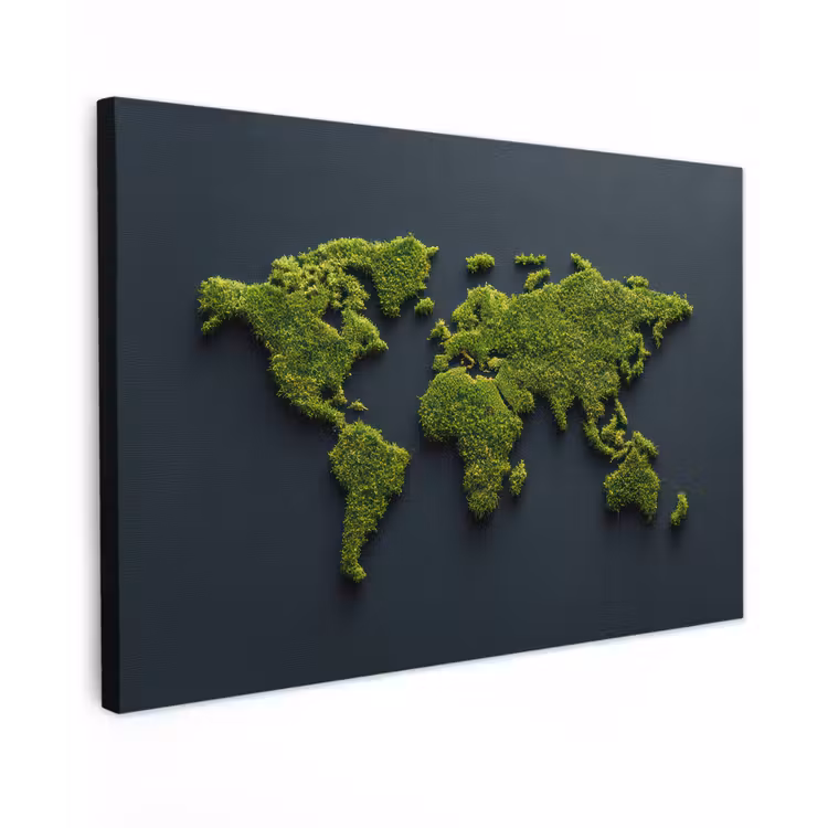 Wereldkaart - Mos -Levendig effect Tuinposter op houten frame 2 cm dik klein -3d