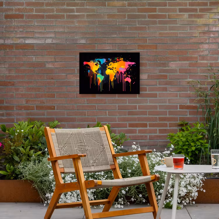 Wereldkaart - Verf - Kleurrijk - Graffiti - Wereld Tuinposter op houten frame 2 cm dik klein -sfeer3