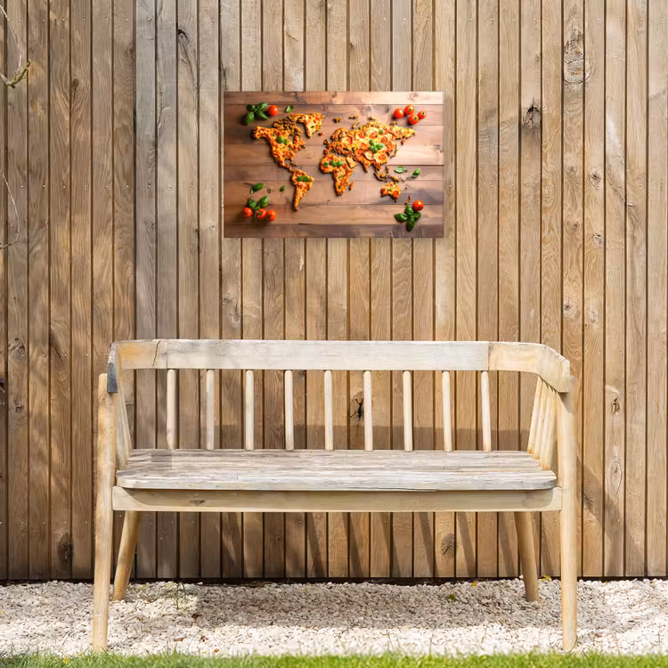 Wereldkaart - Pizza - Houten ondergrond Tuinposter op houten frame 2 cm dik klein -sfeer4