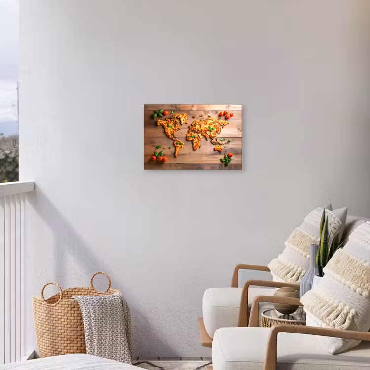 Wereldkaart - Pizza - Houten ondergrond Tuinposter op houten frame 2 cm dik klein -sfeer1