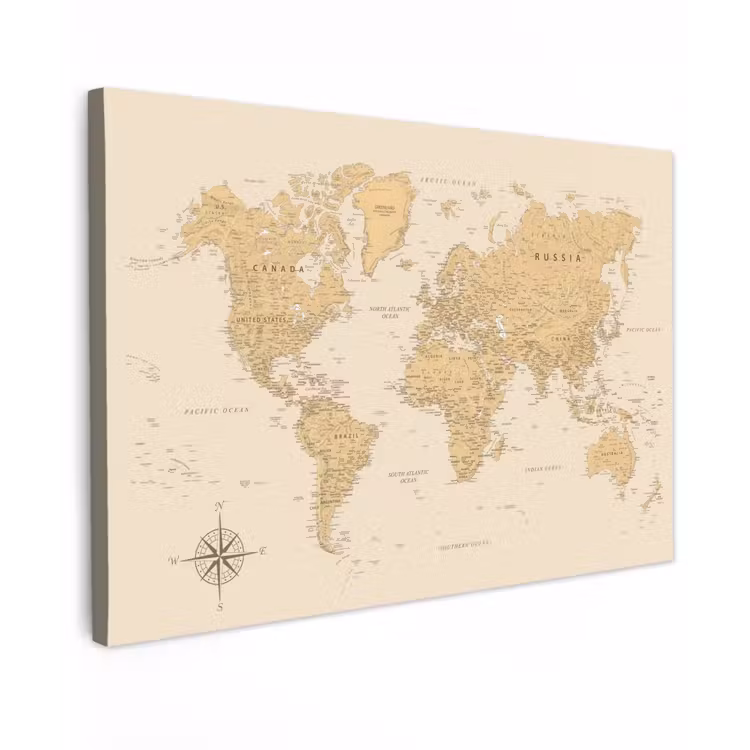 Wereldkaart - Realistisch - Beige Tuinposter op houten frame 2 cm dik klein -3d