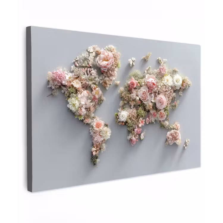 Wereldkaart - Rozen - Roze Tuinposter op houten frame 2 cm dik klein -3d
