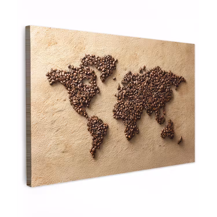 Wereldkaart - Zandkleur - Koffiebonen Tuinposter op houten frame 2 cm dik klein -3d