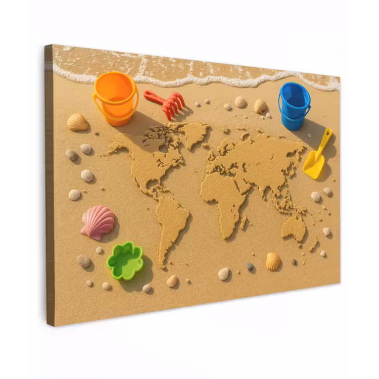 Wereldkaart - Zand - Kleurrijk - Zomer Tuinposter op houten frame 2 cm dik klein -3d