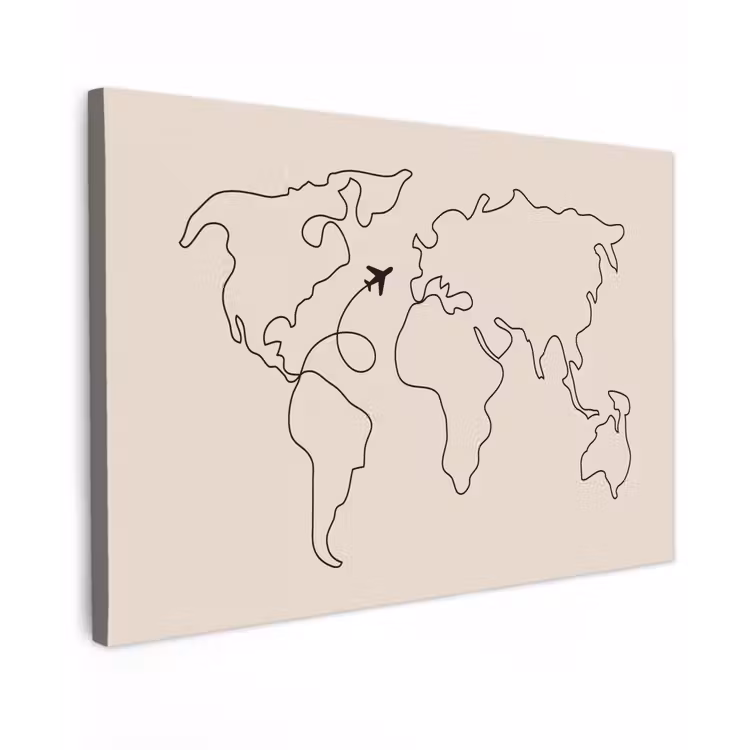 Wereldkaart - Simpel - Vliegtuig Tuinposter op houten frame 2 cm dik klein -3d