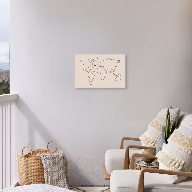 Wereldkaart - Simpel - Vliegtuig Tuinposter op houten frame 2 cm dik klein -sfeer1