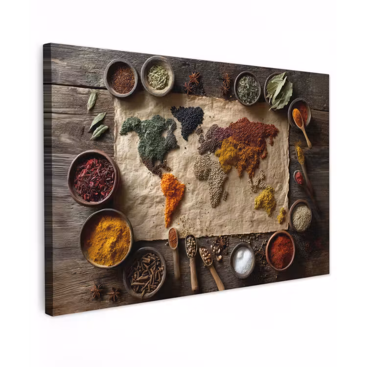 Wereldkaart - Specerijen - Kleurrijk Tuinposter op houten frame 2 cm dik klein -3d