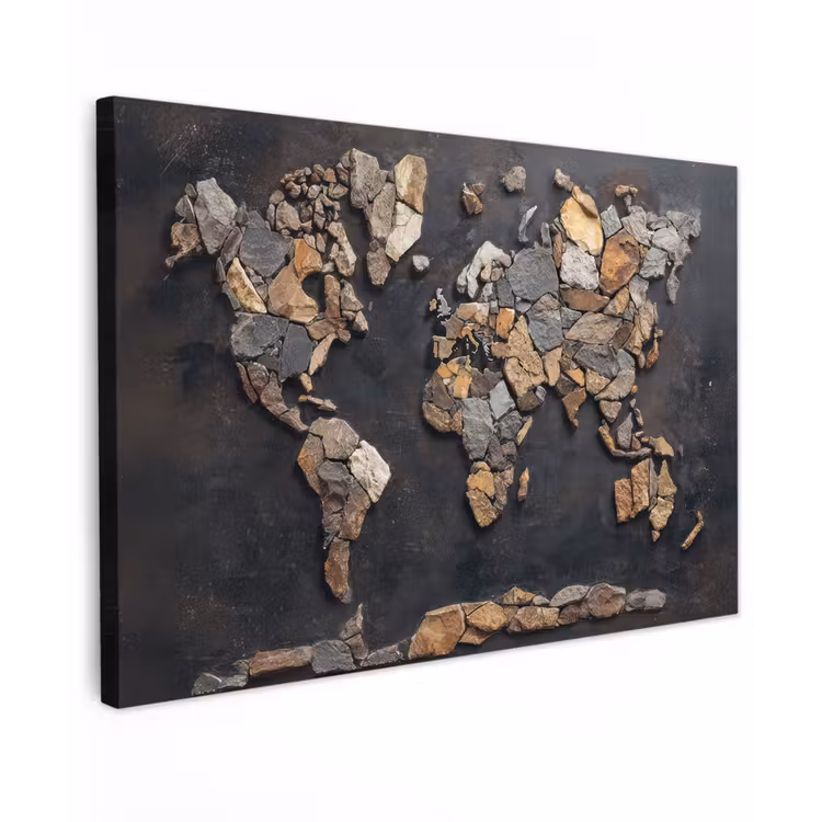 Wereldkaart - Stenen - Realistisch Tuinposter op houten frame 2 cm dik klein -3d