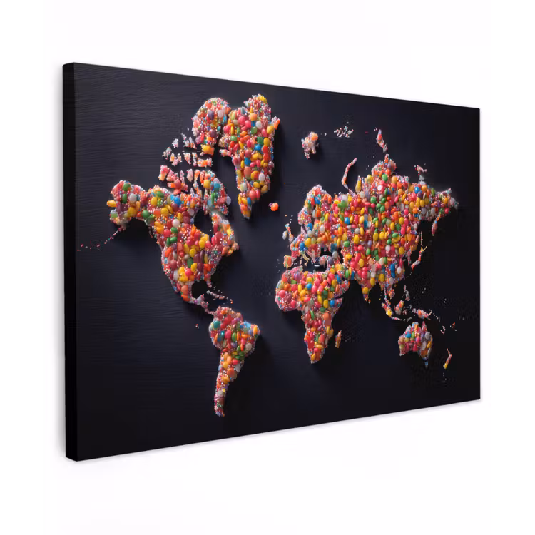 Wereldkaart - Snoepjes - Felle kleuren Tuinposter op houten frame 2 cm dik klein -3d
