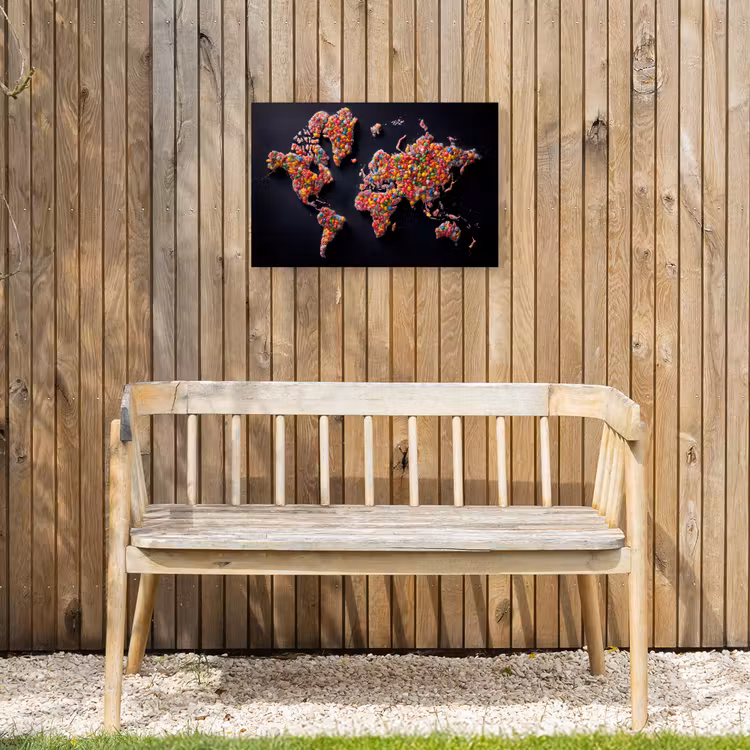 Wereldkaart - Snoepjes - Felle kleuren Tuinposter op houten frame 2 cm dik klein -sfeer4