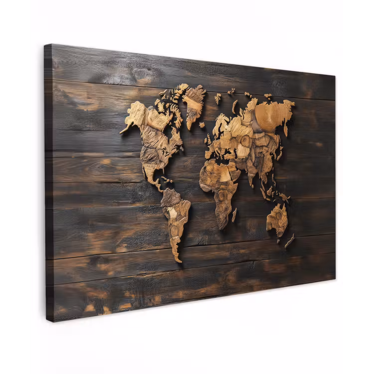 Wereldkaart - Hout - Mozaïek Tuinposter op houten frame 2 cm dik klein -3d