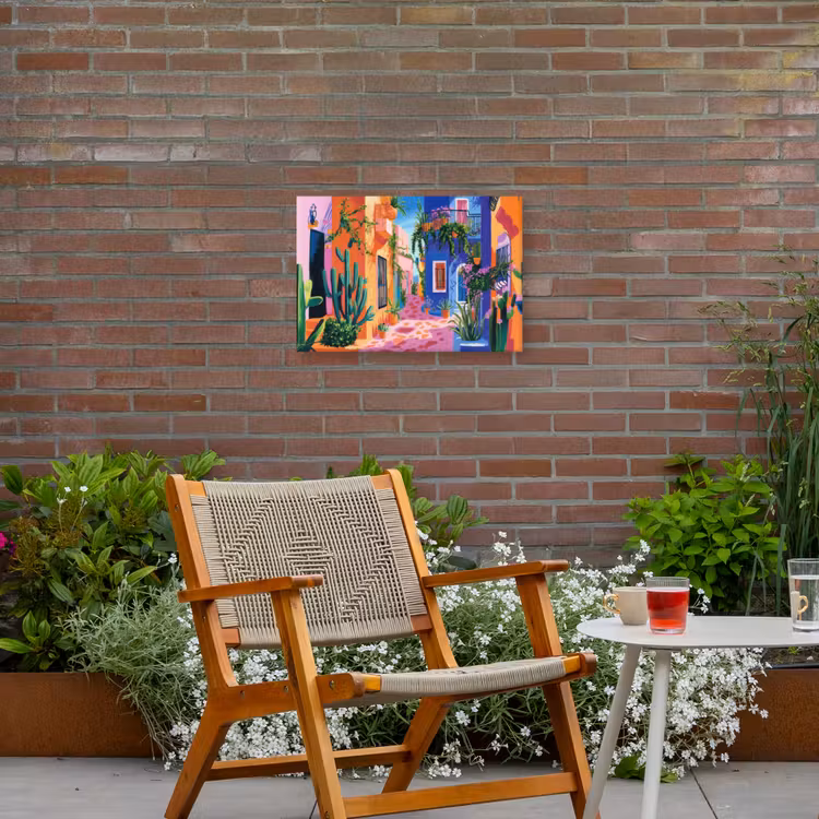 Geel - Blauw - Oranje - Huis Tuinposter op houten frame 2 cm dik klein -sfeer3