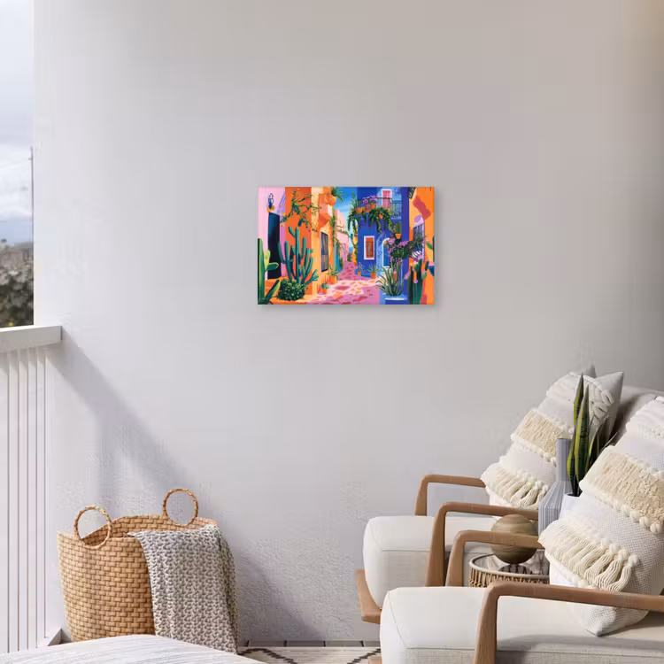 Geel - Blauw - Oranje - Huis Tuinposter op houten frame 2 cm dik klein -sfeer1