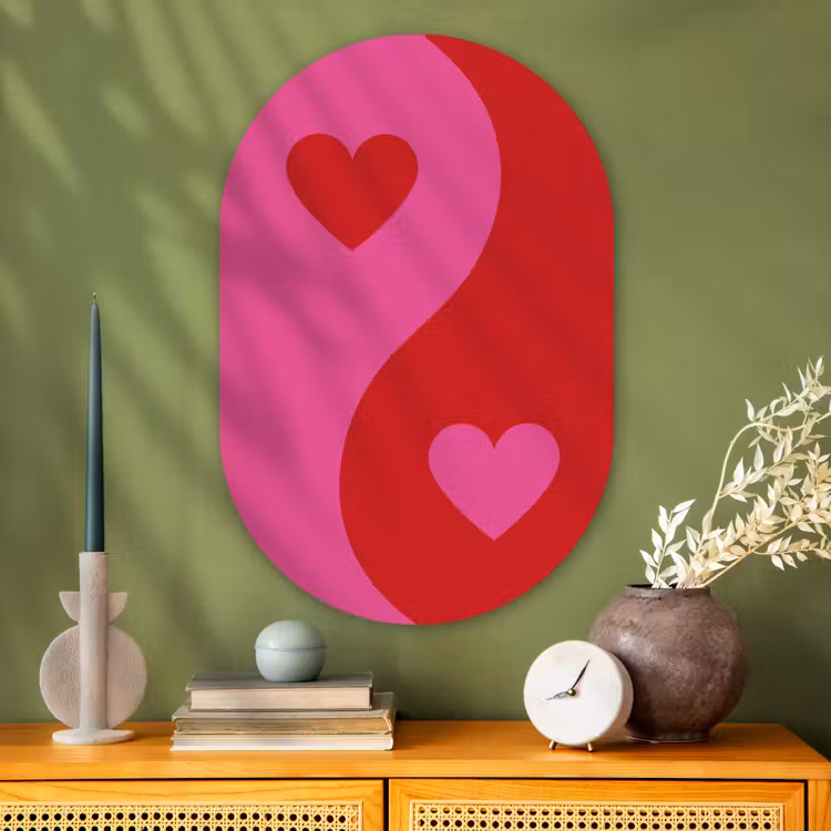 Minimalistisch - Rood - Roze - Hartjes Wandcirkel Ovaal Glas middel -sfeer2