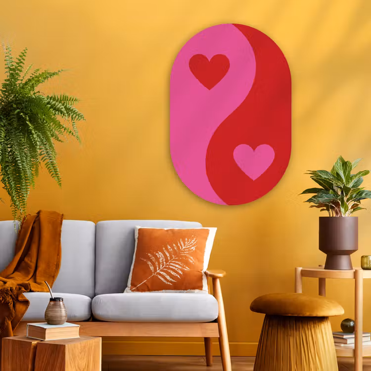 Minimalistisch - Rood - Roze - Hartjes Wandcirkel Ovaal Glas middel -sfeer4