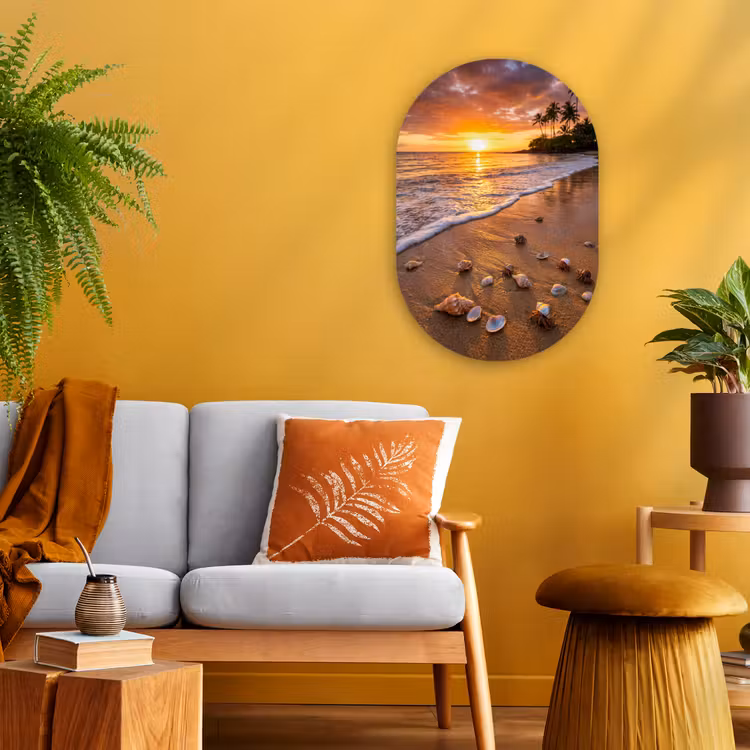 Strand - Zonsondergang - Palmbomen - Natuur - Oranje Wandcirkel Ovaal Forex klein -sfeer4
