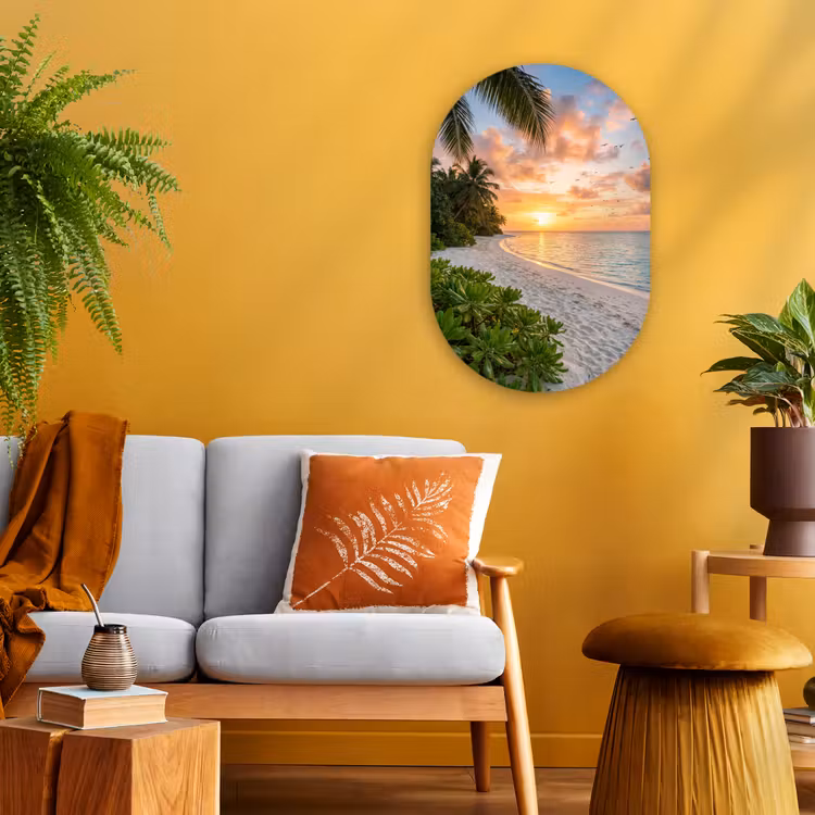 Strand - Zonsondergang - Palmbomen - Tropisch - Natuur Wandcirkel Ovaal Forex klein -sfeer4