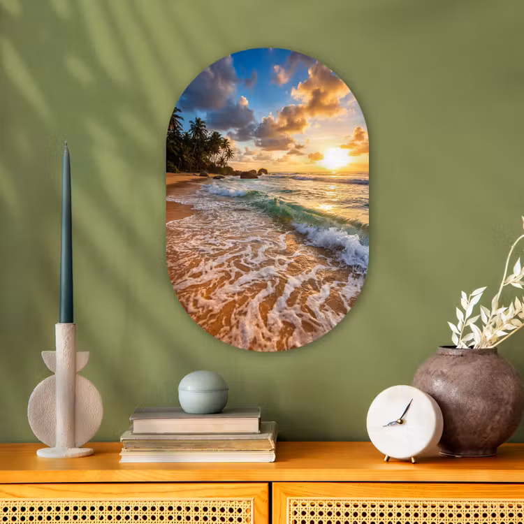 Strand - Zonsondergang - Golven - Natuur - Goud Wandcirkel Ovaal Forex klein -sfeer2