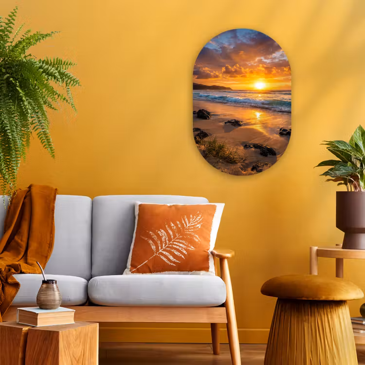 Strand - Zonsondergang - Golven - Natuur - Oranje Wandcirkel Ovaal Forex klein -sfeer4
