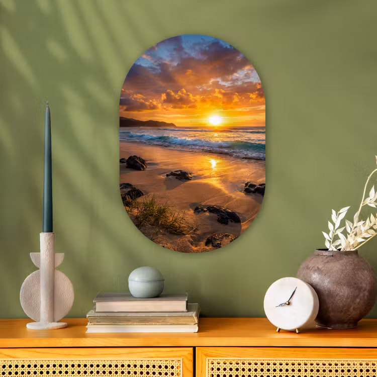 Strand - Zonsondergang - Golven - Natuur - Oranje Wandcirkel Ovaal Forex klein -sfeer2