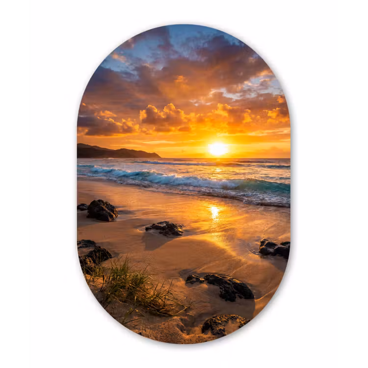 Strand - Zonsondergang - Golven - Natuur - Oranje Wandcirkel Ovaal Forex klein -3d