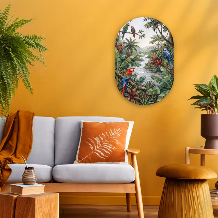 Vogel - Jungle - Natuur - Mozaïek - Groen Wandcirkel Ovaal Forex klein -sfeer4