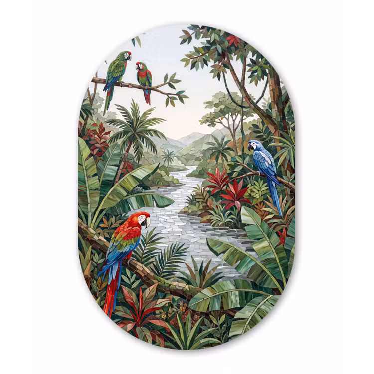 Vogel - Jungle - Natuur - Mozaïek - Groen Wandcirkel Ovaal Forex klein -3d