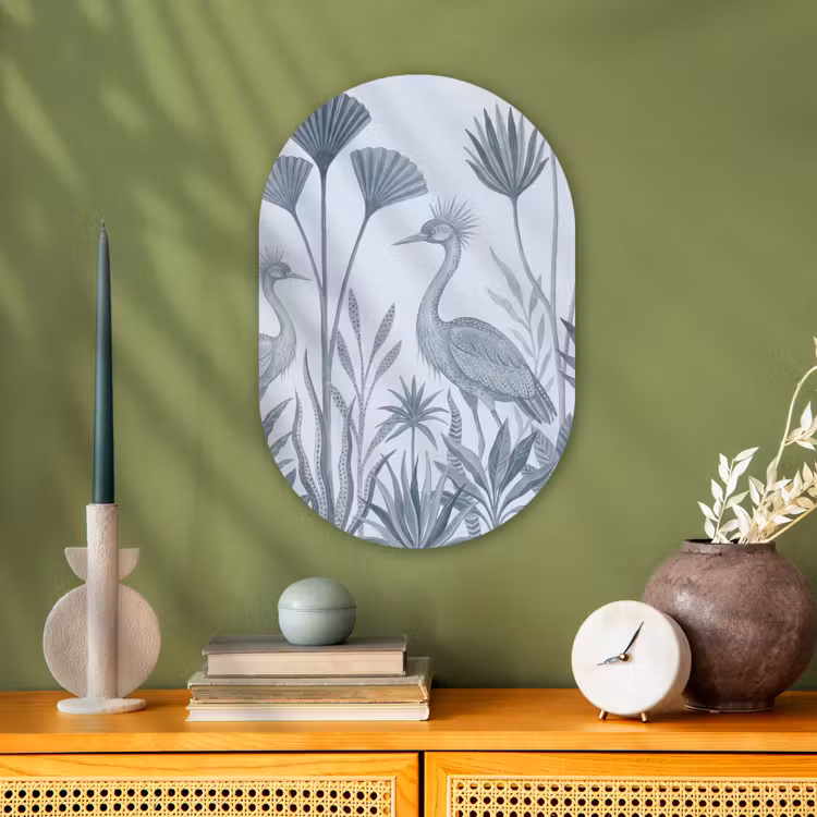 Vogel - Tropisch - Illustratie - Blauwgrijs - Natuur Wandcirkel Ovaal Forex klein -sfeer2