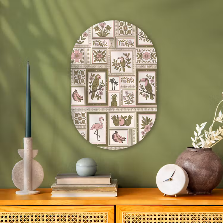 Vogel - Tropisch - Patroon - Decoratief - Groen Wandcirkel Ovaal Forex klein -sfeer2