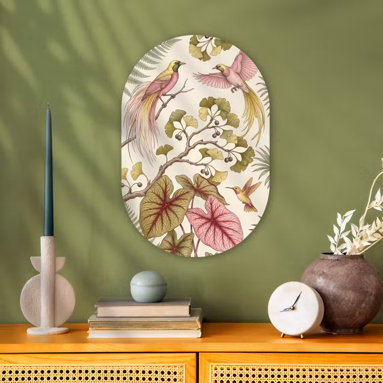 Vogels - Tropisch - Botanisch - Roze Wandcirkel Ovaal Forex klein -sfeer2