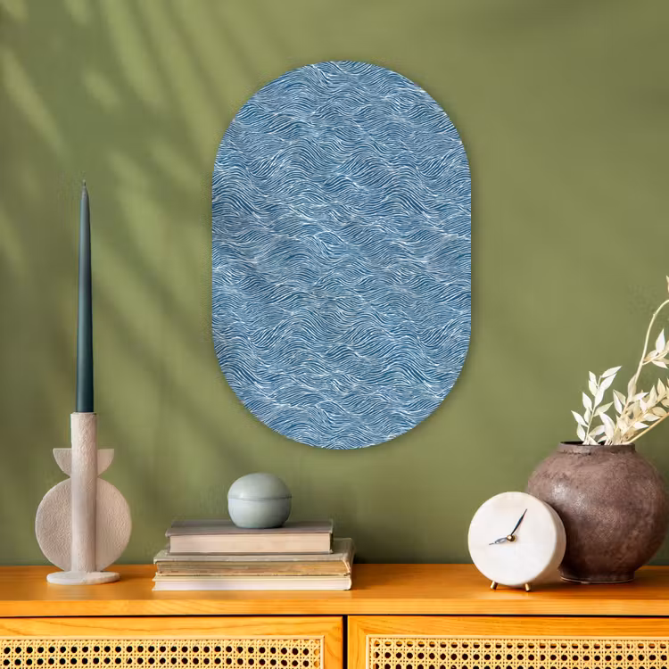 Blauw - Wit - Golven - Getekend - Textuur Wandcirkel Ovaal Forex klein 630 -sfeer2