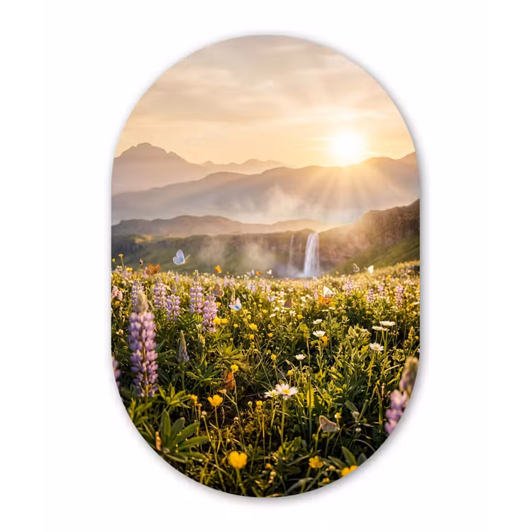 Vlinders - Waterval - Bloemenveld Wandcirkel Ovaal Forex klein -3d