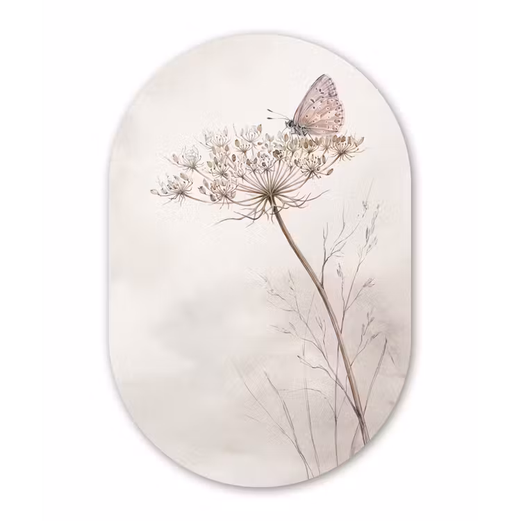 Vlinder - Bloem -Natuur - Beige Wandcirkel Ovaal Forex klein -3d