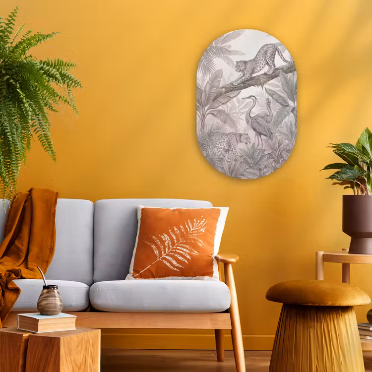 Kat - Vogel - Jungle - Illustratie - Dieren Wandcirkel Ovaal Forex klein -sfeer4