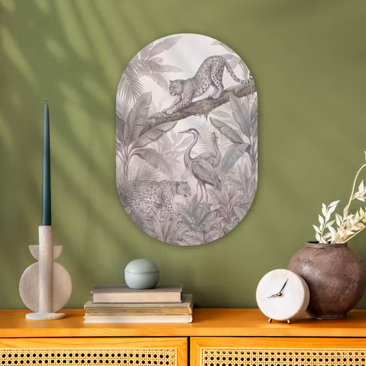 Kat - Vogel - Jungle - Illustratie - Dieren Wandcirkel Ovaal Forex klein -sfeer2