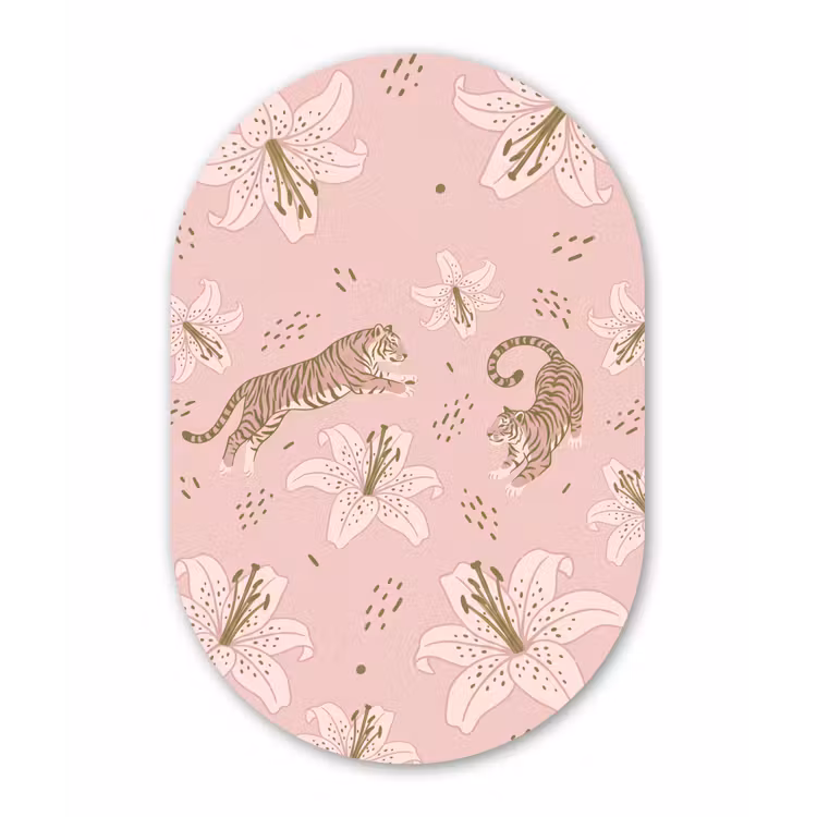 Kat - Springend - Bloemen - Abstract - Roze Wandcirkel Ovaal Forex klein -3d