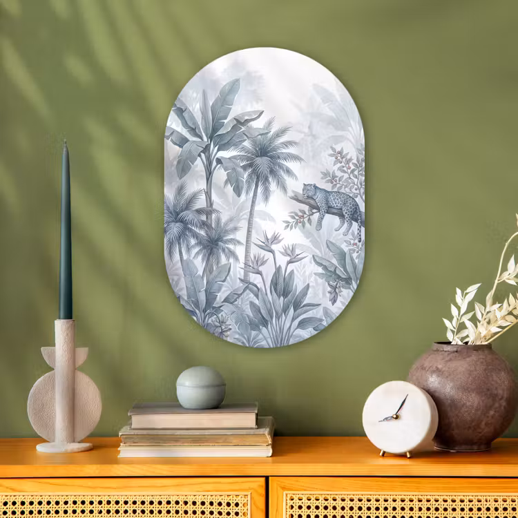 Kat - Tropisch bos - Modern - Grijs Wandcirkel Ovaal Forex klein -sfeer2