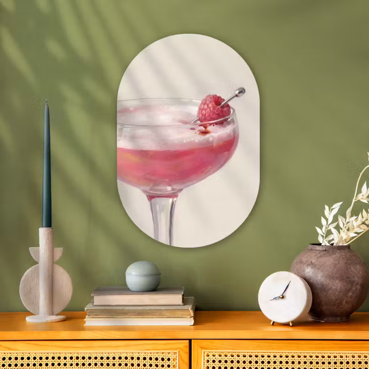 Cocktail - Framboos - Drank - Modern - Roze Wandcirkel Ovaal Forex klein -sfeer2