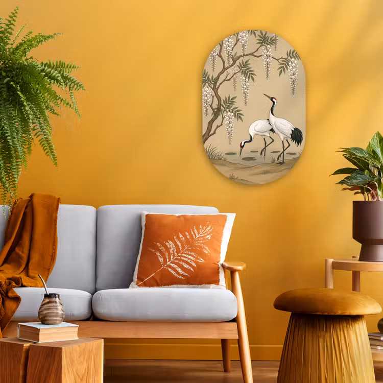 Kraanvogels - Water - Beige Wandcirkel Ovaal Forex klein -sfeer4