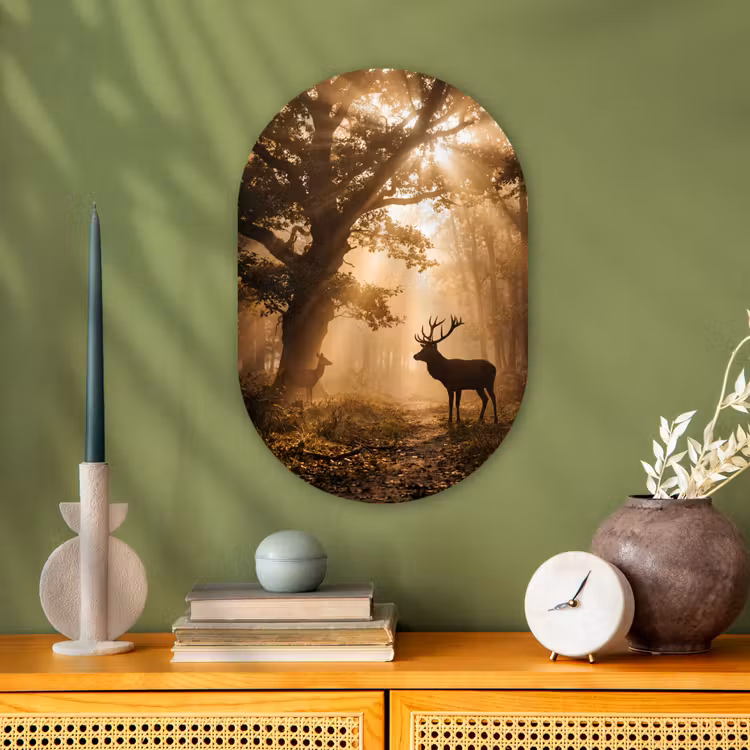 Hert - Bos - Mistig - Natuur - Goud Wandcirkel Ovaal Forex klein -sfeer2