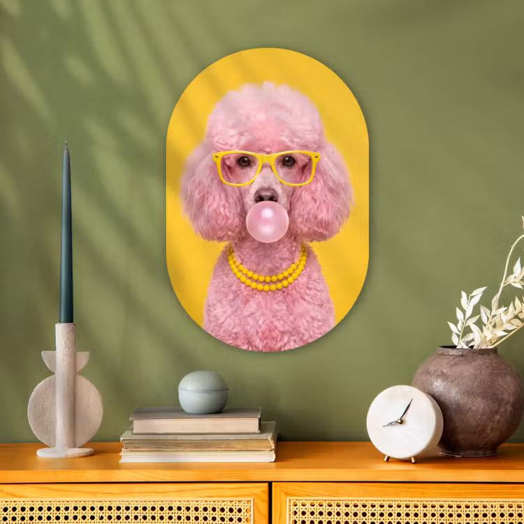 Hond - Kauwgum - Dieren - Modern - Roze Wandcirkel Ovaal Forex klein -sfeer2