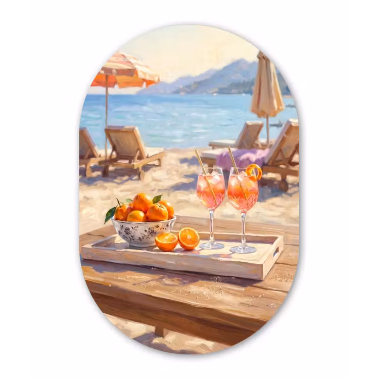 Drank - Glazen - Strand - Zomer - Oranje Wandcirkel Ovaal Forex klein -3d