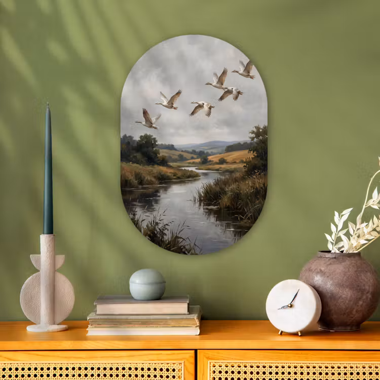 Eenden - Rivier - Landschap - Vlucht - Nostalgisch Wandcirkel Ovaal Forex klein -sfeer2