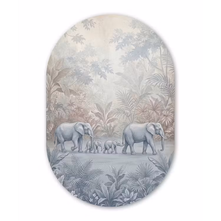 Olifant - Familie - Jungle - Illustratie - Grijs Wandcirkel Ovaal Forex klein -3d