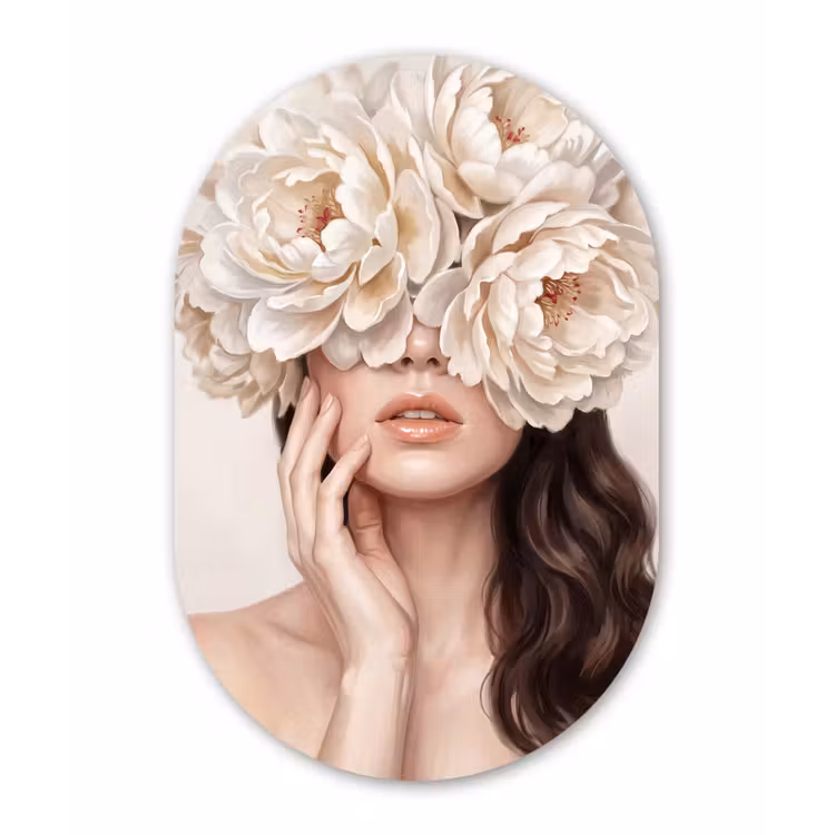 Gezicht - Pioenrozen - Crème Wandcirkel Ovaal Forex klein -3d