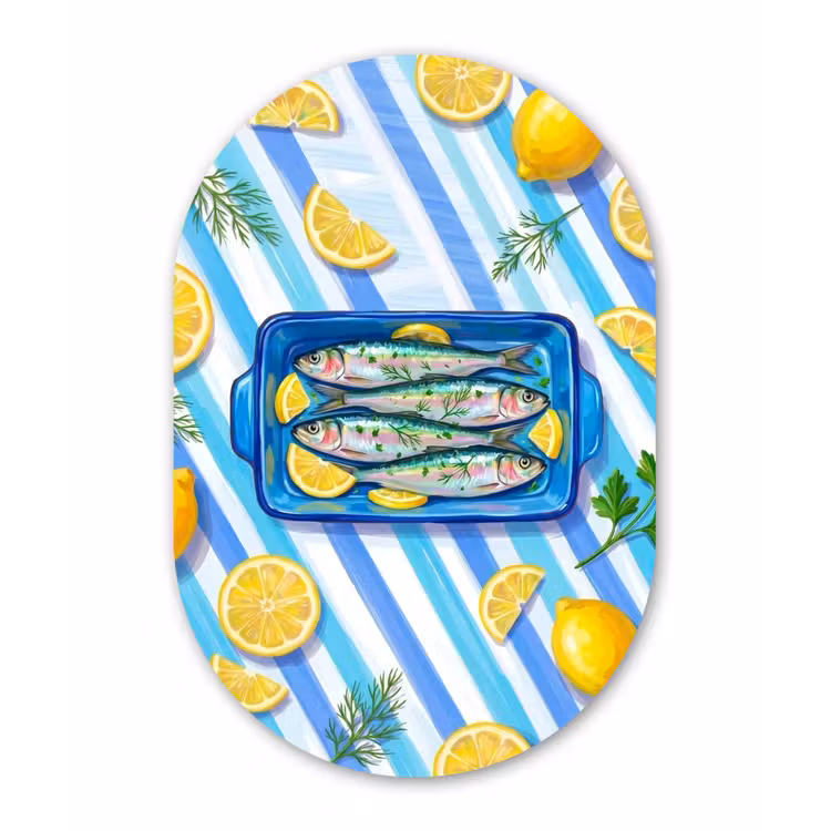 Vis - Citroen - Kruiden - Eten - Blauw Wandcirkel Ovaal Forex klein -3d