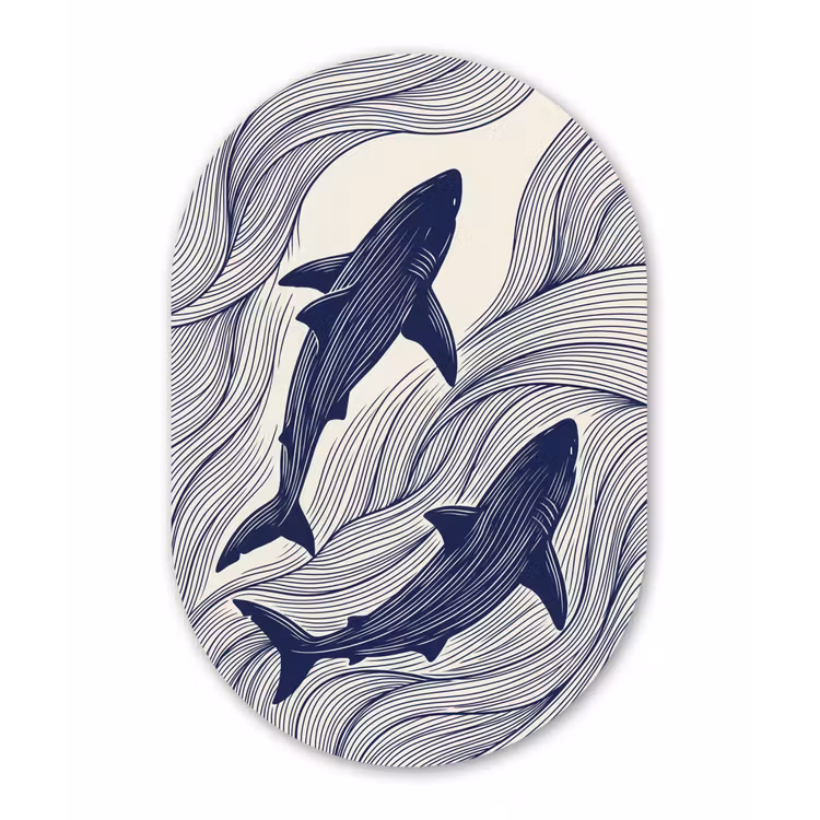 Vis - Oceaan - Lijntekening - Blauw - Dieren Wandcirkel Ovaal Forex klein -3d